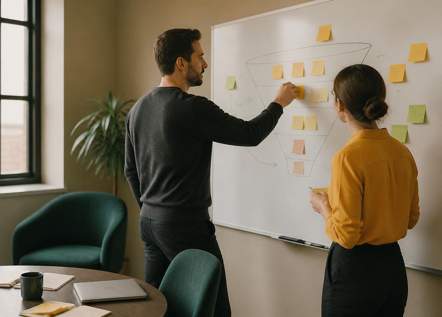 Two Rambo House strategists mapping a customer funnel on a whiteboard