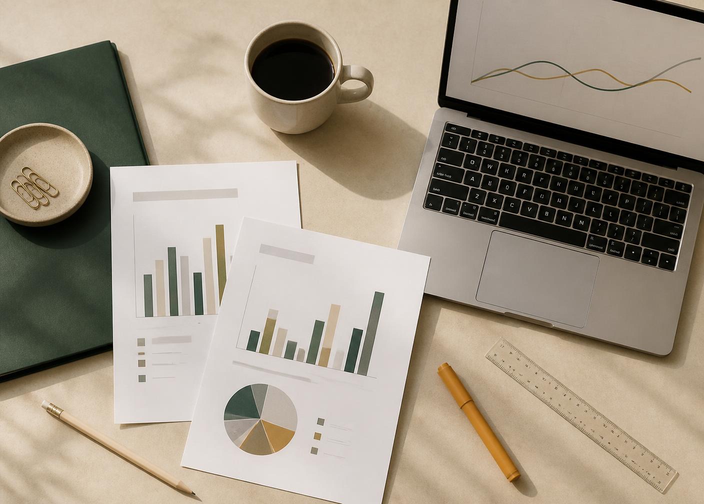 Printed marketing performance reports and charts on a desk